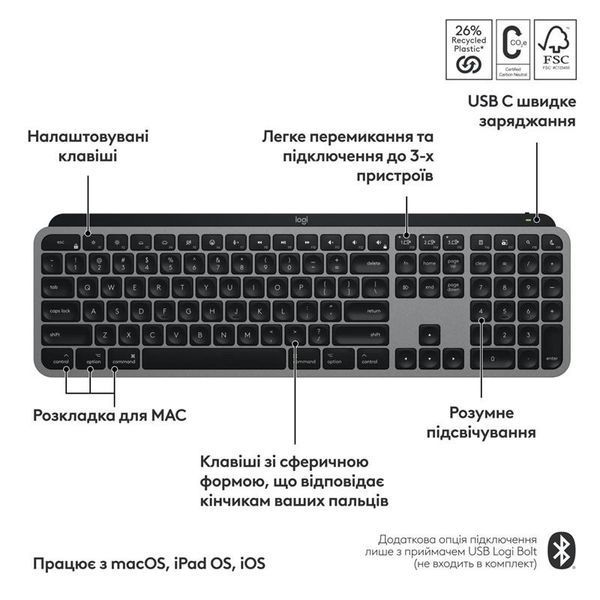 Клавiатура бездротова Logitech MX Keys S for Mac Space Grey (920-011637) DC519662 фото
