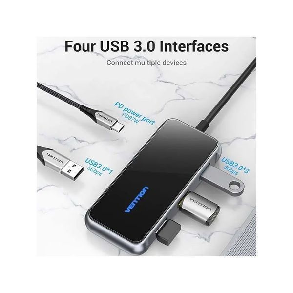 Концентратор Vention 5 в 1 Type-C-USB-PD 4USB 3.0 87W 4K 30Hz 0.15m Black (TFDHB) DC483244 фото